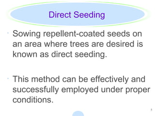 5
Direct Seeding
· Sowing repellent-coated seeds on
an area where trees are desired is
known as direct seeding.
· This method can be effectively and
successfully employed under proper
conditions.
 