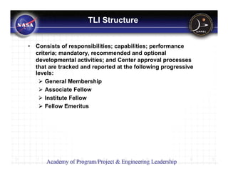 TLI Structure


•   Consists of responsibilities; capabilities; performance
    criteria; mandatory, recommended and optional
    developmental activities; and Center approval processes
    that are tracked and reported at the following progressive
    levels:
        General Membership
        Associate Fellow
        Institute Fellow
        Fellow Emeritus
 
