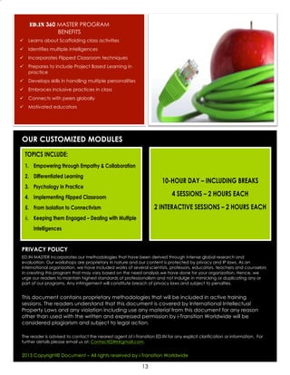 13
ED.IN 360 MASTER PROGRAM
BENEFITS
 Learns about Scaffolding class activities
 Identifies multiple intelligences
 Incorporates Flipped Classroom techniques
 Prepares to include Project Based Learning in
practice
 Develops skills in handling multiple personalities
 Embraces inclusive practices in class
 Connects with peers globally
 Motivated educators
ED.IN MASTER incorporates our methodologies that have been derived through intense global research and
evaluation. Our workshops are proprietary in nature and our content is protected by privacy and IP laws. As an
international organization, we have included works of several scientists, professors, educators, teachers and counselors
in creating this program that may vary based on the need analysis we have done for your organization. Hence, we
urge our readers to maintain highest standards of professionalism and not indulge in mimicking or duplicating any or
part of our programs. Any infringement will constitute breach of privacy laws and subject to penalties.
This document contains proprietary methodologies that will be included in active training
sessions. The readers understand that this document is covered by International Intellectual
Property Laws and any violation including use any material from this document for any reason
other than used with the written and expressed permission by i-Transition Worldwide will be
considered plagiarism and subject to legal action.
The reader is advised to contact the nearest agent of i-Transition ED.IN for any explicit clarification or information. For
further details please email us at: ContactEDIN@gmail.com.
2013 Copyright© Document – All rights reserved by i-Transition Worldwide
PRIVACY POLICY
TOPICS INCLUDE:
1. Empowering through Empathy & Collaboration
2. Differentiated Learning
3. Psychology in Practice
4. Implementing Flipped Classroom
5. From Isolation to Connectivism
6. Keeping them Engaged – Dealing with Multiple
Intelligences
OUR CUSTOMIZED MODULES
10-HOUR DAY – INCLUDING BREAKS
4 SESSIONS – 2 HOURS EACH
2 INTERACTIVE SESSIONS – 2 HOURS EACH
 