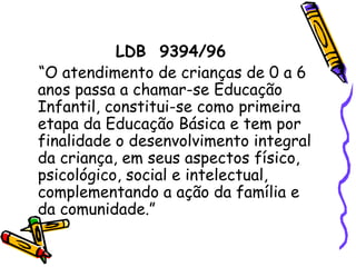 LDB  9394/96 “O atendimento de crianças de 0 a 6 anos passa a chamar-se Educação Infantil, constitui-se como primeira etapa da Educação Básica e tem por finalidade o desenvolvimento integral da criança, em seus aspectos físico, psicológico, social e intelectual, complementando a ação da família e da comunidade.”  
