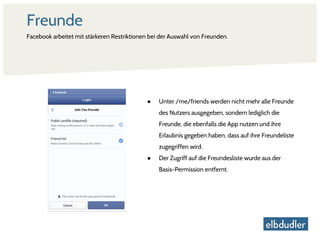 Freunde
Facebook arbeitet mit stärkeren Restriktionen bei der Auswahl von Freunden.
● Unter /me/friends werden nicht mehr alle Freunde
des Nutzers ausgegeben, sondern lediglich die
Freunde, die ebenfalls die App nutzen und ihre
Erlaubnis gegeben haben, dass auf ihre Freundeliste
zugegriffen wird.
● Der Zugriff auf die Freundesliste wurde aus der
Basis-Permission entfernt.
 