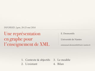INFORSID, Lyon, 20-23 mai 2014
Une représentation 
en graphe pour
l'enseignement de XML
E. Desmontils!
 
Université de Nantes 
emmanuel.desmontils@univ-nantes.fr
1. Contexte & objectifs!
2. L'existant 
3. Le modèle!
4. Bilan
 