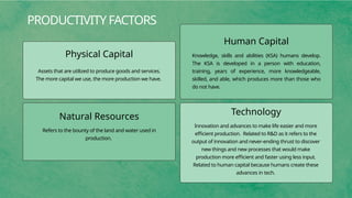 PRODUCTIVITY FACTORS
Assets that are utilized to produce goods and services.
The more capital we use, the more production we have.
Physical Capital Knowledge, skills and abilities (KSA) humans develop.
The KSA is developed in a person with education,
training, years of experience, more knowledgeable,
skilled, and able, which produces more than those who
do not have.
Human Capital
Innovation and advances to make life easier and more
efficient production. Related to R&D as it refers to the
output of innovation and never-ending thrust to discover
new things and new processes that would make
production more efficient and faster using less input.
Related to human capital because humans create these
advances in tech.
Technology
Refers to the bounty of the land and water used in
production.
Natural Resources
 