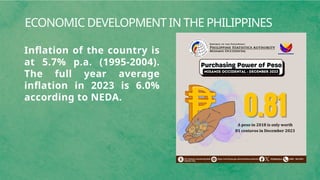 ECONOMIC DEVELOPMENT IN THE PHILIPPINES
Inflation of the country is
at 5.7% p.a. (1995-2004).
The full year average
inflation in 2023 is 6.0%
according to NEDA.
 