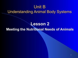 1
Unit BUnit B
Understanding Animal Body SystemsUnderstanding Animal Body Systems
Lesson 2
Meeting the Nutritional Needs of Animals
 