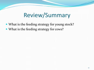 Review/Summary
 What is the feeding strategy for young stock?
 What is the feeding strategy for cows?
17
 