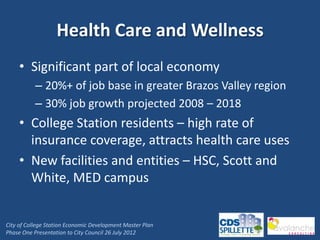 Health Care and Wellness
     • Significant part of local economy
           – 20%+ of job base in greater Brazos Valley region
           – 30% job growth projected 2008 – 2018
     • College Station residents – high rate of
       insurance coverage, attracts health care uses
     • New facilities and entities – HSC, Scott and
       White, MED campus


City of College Station Economic Development Master Plan
Phase One Presentation to City Council 26 July 2012
 