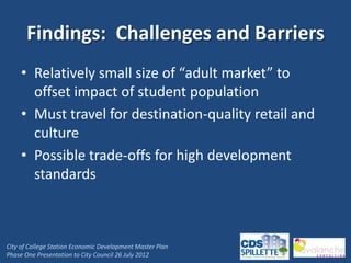 Findings: Challenges and Barriers
     • Relatively small size of “adult market” to
       offset impact of student population
     • Must travel for destination-quality retail and
       culture
     • Possible trade-offs for high development
       standards



City of College Station Economic Development Master Plan
Phase One Presentation to City Council 26 July 2012
 