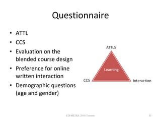Questionnaire <ul><li>ATTL </li></ul><ul><li>CCS </li></ul><ul><li>Evaluation on the blended course design </li></ul><ul><...