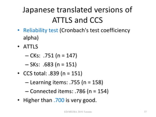 <ul><li>Reliability test  (Cronbach's test coefficiency alpha) </li></ul><ul><li>ATTLS </li></ul><ul><ul><li>CKs:  .751 (n...