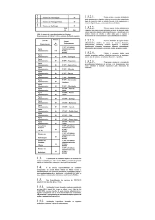 0
3        Técnico em Enfermagem                           45             1.5.2.1.                        Prestar serviços e executar atividades de
                                                                        apoio administrativo e logístico, relativos ao exercício das competências
0
                                                                        legais do respectivo órgão ou unidade, fazendo uso de equipamentos e
4        Técnico em Patologia Clínica                    18
                                                                        recursos disponíveis para a consecução dessas atividades.
0
5        Técnico em Radiologia                           10
                                          TOT                           1.5.2.2.                        Oferecer suporte técnico, administrativo
                                          AL            866             e logístico, bem como executar atividades nas áreas de educação, saúde,
                                                                        coletar impressões digitais e dados biográficos para a identificação civil,
1.2.8. O número de vagas distribuídas por Órgãos e                      realizar vistoria de veículos e colher dados para o registro e
Departamentos de Polícia Civil é o constante da Tabela seguinte:        licenciamento de veículo automotor e para a habilitação do condutor.


        Área do
                         Número
                                          Órgão/                        1.5.2.3.                   Exercer atividades de apoio técnico-
                           de             Departamento                  administrativo relativo às áreas de recursos humanos,
    Conhecimento          Vagas                                         planejamento, estatística, recursos logísticos e materiais,
                                                                        comunicação, economia, orçamento, finanças, contabilidade,
                                      1º DPC e Unidades
                                                                        informações operacionais e gerenciais, ensino, pesquisa e saúde.
 Apoio                                Administrativas da
 Administrativo            675        PCMG -
                                      RMBH                              1.5.2.4..                   Coletar e preparar dados para
 Apoio                                                                  estudos, pesquisas, análises, relatórios, pareceres ou quaisquer
 Administrativo             07        2º DPC - Contagem                 outros atos de natureza econômica, financeira e jurídica.
 Apoio
 Administrativo
 Apoio
                            07        3º DPC - Vespasiano
                                                                        1.5.2.5..                  Programar e promover a execução de
                                                                        procedimentos licitatórios de serviços e de fornecimento, bem
 Administrativo             06        4º DPC - Juiz de Fora             como subsidiar a unidade responsável pela elaboração de
 Apoio                                                                  contratos.
 Administrativo             06        5º DPC - Uberaba
 Apoio
 Administrativo             06        6º DPC - Lavras
 Apoio
 Administrativo             06        7º DPC - Divinópolis
 Apoio                                8º DPC - Governador
 Administrativo             04        Valadares
 Apoio
 Administrativo             05        9º DPC - Uberlândia
 Apoio                                10º DPC - Patos de
 Administrativo             04        Minas
 Apoio                                11º DPC - Montes
 Administrativo             05        Claros
 Apoio
 Administrativo             08        12º DPC - Ipatinga
 Apoio
 Administrativo             05        13º DPC - Barbacena
 Apoio
 Administrativo             07        14º DPC - Curvelo
 Apoio
 Administrativo             06        15º DPC - Teófilo Otoni
 Apoio
 Administrativo             04        16º DPC - Unaí
 Apoio
 Administrativo             05        17º DPC - Pouso Alegre
 Apoio                                18º DPC - Poços de
 Administrativo             07        Caldas
 Consultório                          1º DPC e Unidades
 Dentário                             Administrativas da
                            20        PCMG -
 (ACD)                                RMBH
                                      1º DPC e Unidades
 Técnico em
                                      Administrativas da
                            45        PCMG -
 Enfermagem                           RMBH
 Técnico em                           1º DPC e Unidades
 Patologia                            Administrativas da
                            18        PCMG -
 Clínica                              RMBH
                                      1º DPC e Unidades
 Técnico em
                                      Administrativas da
                            10        PCMG -
 Radiologia                           RMBH


1.3.          A participação do candidato implicará na aceitação das
normas e condições para este Concurso Público, constantes do presente
Edital, dos comunicados, retificações e alterações a ele referentes.


1.4.            É de inteira responsabilidade do candidato
acompanhar, no jornal Diário Oficial de Minas Gerais e,
subsidiariamente, nos endereços eletrônicos www.fumarc.com.br e
www.acadepol.mg.gov.br a publicação e divulgação de todos os
atos, editais e comunicados referentes a este Concurso Público.


1.5.      Das Especificações da carreira de TÉCNICO
ASSISTENTE DA POLÍCIA CIVIL:


1.5.1.        Atribuições Gerais: Incumbe, conforme estabelecido
no item III.2, Anexo III, a que se refere o art. 4°do da Lei
15.301/2004, executar tarefas de apoio técnico, administrativo e
logístico compatíveis com o nível intermediário de escolaridade,
em particular o gerenciamento de atividades de apoio logístico em
órgãos e unidades da Polícia Civil.


1.5.2.         Atribuições Específicas: Incumbe, as seguintes
atribuições, conforme a área do conhecimento:
 