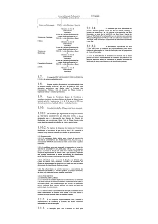Curso de Educação Profissional de                 INTERNET.
                                  Ensino Médio, na forma da Lei



 Técnico em Enfermagem         9394/96 - Lei de Diretrizes e Bases da

                                    Educação, na área de                     2.1.3.1.                    O candidato que tiver dificuldade de
                                        conhecimento                         acesso à internet poderá, exceto nos dias de sábado, domingo e
                                          específica                         feriado, no horário de 9 às 17h, efetivar a sua inscrição, em Belo
                              Curso de Educação Profissional de              Horizonte, na sede da ACADEPOL, na Rua Oscar Negrão de
                                Ensino Médio, na forma da Lei                Lima, nº 200, Bairro Nova Gameleira, e no interior, nas sedes das
Técnico em Patologia                                                         Delegacias Regionais de Polícia Civil, nos endereços constantes no
                              9394/96 - Lei de Diretrizes e Bases
                                              da                             Anexo III, onde encontrará equipamento de informática destinado
Clínica                                                                      a esse fim.
                                    Educação, na área de
                                        conhecimento
                                          específica
                              Curso de Educação Profissional de
                                                                             2.1.3.2.                   A liberalidade especificada no item
                                Ensino Médio, na forma da Lei                2.1.3.1. não exime o candidato da responsabilidade pelos dados
                                                                             cadastrais informados na Ficha de Inscrição, nem do pagamento
Técnico em                    9394/96 - Lei de Diretrizes e Bases
                                                                             da Taxa de Inscrição.
Radiologia                                    da
                                    Educação, na área de
                                                                             2.1.3.2.1. O preenchimento do formulário de inscrição com os dados
                                        conhecimento
                                                                             pessoais é de inteira responsabilidade do candidato, que poderá ter sua
                                          específica
                                                                             inscrição indeferida diante da constatação de qualquer inexatidão ou
                              Curso de Educação Profissional de              falsificação de dados, especialmente os de identificação, podendo
                                Ensino Médio, na forma da Lei
Consultório Dentário
                              9394/96 - Lei de Diretrizes e Bases
                                              da
(ACD)
                                    Educação, na área de
                                        conhecimento
                                          específica


1.7.         O cargo de TÉCNICO ASSISTENTE DA POLÍCIA
CIVIL é de natureza administrativa.


1.8.           Regime jurídico: Estatutário, em conformidade com
as normas contidas na Lei n.º 869, de 5 de julho de 1952, com
alterações posteriores, que dispõe sobre o Estatuto dos
Funcionários Públicos Civis do Estado de Minas Gerais e
legislação federal e estadual pertinentes.


1.9.           Regime de Previdência: Regime de Previdência e
Assistência Social dos Servidores Públicos do Estado de Minas Gerais,
instituído pela Lei Complementar nº 64, de 25 de março de 2002, com
alterações posteriores e legislação federal e estadual pertinentes.


1.10.          Jornada de trabalho: 40 (quarenta) horas semanais.


1.10.1. Os servidores que ingressarem em cargo da carreira
de TÉCNICO ASSISTENTE DA POLÍCIA CIVIL e forem
designados para o desempenho das funções de Técnico de
Radiologia, em exercício na Polícia Civil de Minas Gerais, terão
carga horária semanal de trabalho de vinte e quatro horas.


1.10.2. Na hipótese de dispensa das funções de Técnico de
Radiologia, os servidores de que trata o item 1.10.1. passarão a
cumprir carga horária semanal de trabalho de quarenta horas.

1.11. Remuneração:
1.11.1. O vencimento básico inicial para o cargo da carreira de
TÉCNICO ASSISTENTE DA POLÍCIA CIVIL, Nível I Grau A
corresponde R$939,15 (novecentos e trinta e nove reais e quinze
centavos).

1.12. O candidato aprovado, nomeado e empossado no cargo de
TÉCNICO ASSISTENTE DA POLÍCIA CIVIL, será designado
para o exercício da função em uma das Unidades integrante do
Órgão ou Departamento de Polícia Civil a que pertence, conforme
sua escolha, obedecendo à ordem decrescente da classificação
geral final do certame, conforme previsto neste Edital.

1.12.1. A Unidade para o exercício da função será definida pela
Chefia da Polícia Civil, mediante a escolha, do candidato, do
Órgão ou Departamento de Polícia Civil, tendo em vista a ordem
decrescente da classificação final no certame.

1.13. Em observância ao estrito interesse e conveniência da
Administração Pública, o servidor poderá, a qualquer momento,
de ofício, ser removido de uma unidade para outra.

2. DAS INSCRIÇÕES
2.1. DISPOSIÇÕES GERAIS
2.1.1. A inscrição do candidato implicará no conhecimento, na submissão
e na tácita aceitação das normas e condições estabelecidas neste Edital, e
nos demais editais e atos complementares que vierem a ser publicados
para a realização deste concurso público, em relação aos quais não
poderá alegar desconhecimento.

2.1.1.1. Antes de efetuar o procedimento de inscrição o candidato deverá
tomar conhecimento do disposto neste Edital e nos seus Anexos e
certificar-se de que preenche todos os requisitos exigidos.


2.1.2.       É de exclusiva responsabilidade civil, criminal e
administrativa do candidato a exatidão dos dados cadastrais
informados no ato da inscrição.


2.1.3.         A inscrição para este Concurso se fará pela
 