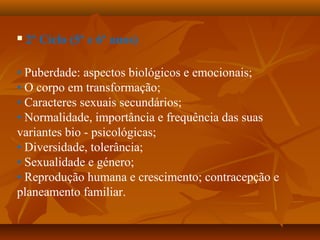  2º Ciclo (5º e 6º anos)
• Puberdade: aspectos biológicos e emocionais;
• O corpo em transformação;
• Caracteres sexuais secundários;
• Normalidade, importância e frequência das suas
variantes bio - psicológicas;
• Diversidade, tolerância;
• Sexualidade e género;
• Reprodução humana e crescimento; contracepção e
planeamento familiar.
 