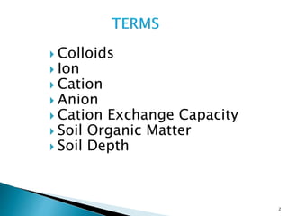  Colloids
 Ion
 Cation
 Anion
 Cation Exchange Capacity
 Soil Organic Matter
 Soil Depth
2
 