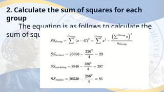 2. Calculate the sum of squares for each
group
The equation is as follows to calculate the
sum of squares for each group.
 