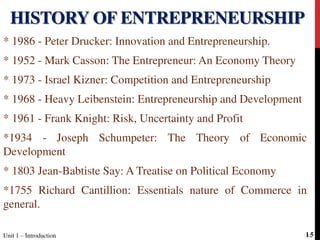 * 1986 - Peter Drucker: Innovation and Entrepreneurship.
* 1952 - Mark Casson: The Entrepreneur: An Economy Theory
* 1973 - Israel Kizner: Competition and Entrepreneurship
* 1968 - Heavy Leibenstein: Entrepreneurship and Development
* 1961 - Frank Knight: Risk, Uncertainty and Profit
*1934 - Joseph Schumpeter: The Theory of Economic
Development
* 1803 Jean-Babtiste Say: A Treatise on Political Economy
*1755 Richard Cantillion: Essentials nature of Commerce in
general.
HISTORY OF ENTREPRENEURSHIP
Unit 1 – Introduction 15
 