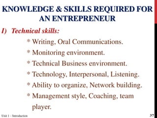 I) Technical skills:
* Writing, Oral Communications.
* Monitoring environment.
* Technical Business environment.
* Technology, Interpersonal, Listening.
* Ability to organize, Network building.
* Management style, Coaching, team
player.
KNOWLEDGE & SKILLS REQUIRED FOR
AN ENTREPRENEUR
Unit 1 – Introduction 37
 