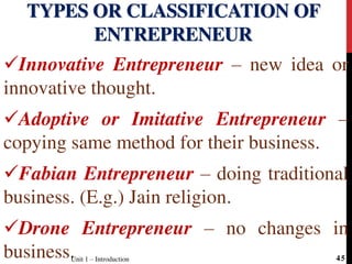 Innovative Entrepreneur – new idea or
innovative thought.
Adoptive or Imitative Entrepreneur –
copying same method for their business.
Fabian Entrepreneur – doing traditional
business. (E.g.) Jain religion.
Drone Entrepreneur – no changes in
business.
TYPES OR CLASSIFICATION OF
ENTREPRENEUR
Unit 1 – Introduction 45
 