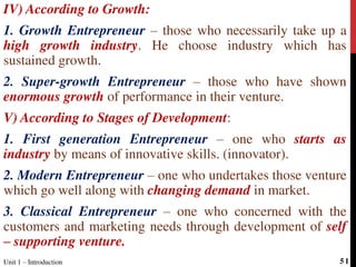 IV) According to Growth:
1. Growth Entrepreneur – those who necessarily take up a
high growth industry. He choose industry which has
sustained growth.
2. Super-growth Entrepreneur – those who have shown
enormous growth of performance in their venture.
V) According to Stages of Development:
1. First generation Entrepreneur – one who starts as
industry by means of innovative skills. (innovator).
2. Modern Entrepreneur – one who undertakes those venture
which go well along with changing demand in market.
3. Classical Entrepreneur – one who concerned with the
customers and marketing needs through development of self
– supporting venture.
Unit 1 – Introduction 51
 