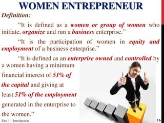 Definition:
“It is defined as a women or group of women who
initiate, organize and run a business enterprise.”
“It is the participation of women in equity and
employment of a business enterprise.”
“It is defined as an enterprise owned and controlled by
a women having a minimum
financial interest of 51% of
the capital and giving at
least 51% of the employment
generated in the enterprise to
the women.”
WOMEN ENTREPRENEUR
Unit 1 – Introduction 56
 