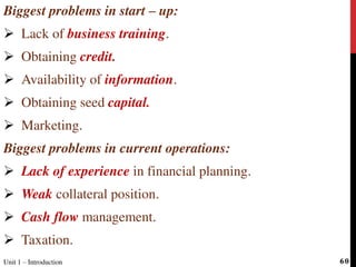 Biggest problems in start – up:
 Lack of business training.
 Obtaining credit.
 Availability of information.
 Obtaining seed capital.
 Marketing.
Biggest problems in current operations:
 Lack of experience in financial planning.
 Weak collateral position.
 Cash flow management.
 Taxation.
Unit 1 – Introduction 60
 