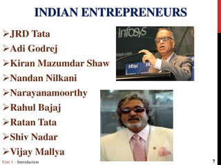 INDIAN ENTREPRENEURS
JRD Tata
Adi Godrej
Kiran Mazumdar Shaw
Nandan Nilkani
Narayanamoorthy
Rahul Bajaj
Ratan Tata
Shiv Nadar
Vijay Mallya
Unit 1 – Introduction 7
 