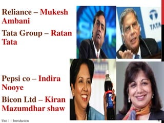 Reliance – Mukesh
Ambani
Tata Group – Ratan
Tata
Pepsi co – Indira
Nooye
Bicon Ltd – Kiran
Mazumdhar shaw
Unit 1 – Introduction 8
 