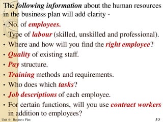 The following information about the human resources
in the business plan will add clarity -
• No. of employees.
• Type of ...