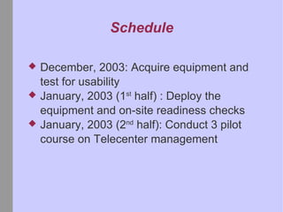 Schedule December, 2003: Acquire equipment and test for usability January, 2003 (1 st half) : Deploy the equipment and on-site readiness checks January, 2003 (2 nd half): Conduct 3 pilot course on Telecenter management
