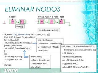 ELIMINAR NODOS
        header                   p       P->sig->ant = p->ant       last

          10          5          21          12         17          6

                 free(p);
                                          p->ant->sig = p->sig;
LDE_nodo *LDE_EliminarxPos (LDE *L, LDE_nodo *p){
  if(!p || !LDE_Existe(L,P)) return NULL;
  if(p==L->header){                          tmp = L->header;
    return(LDE_SacarNodoInicio(L));          L->header = L->header->sig;
   } else if (P==L->last){
                                             L->header->ant = NULL; LDE_nodo *LDE_EliminarxInfo(LDE *L,
    return(LDE_SacarNodoFin(L));
                                             return(tmp);                   Generico G, Generico_Comparar fn){
   }
  else {                                                                 LDE_Nodo *p ;
    p->ant->sig = p->sig;           tmp= L->last;                        if(EstaVacia(L)) return;
    p->sig->ant = p->ant;           L->last = L->last->ant;              p = LDE_Buscar(L,G, fn);
    }
                                    L->last->sig = NULL;                 if (!p) return NULL;
  return p;
}                                   return(tmp);                         return(LDE_EliminarxPos(L,P);)
                                                                       }
 