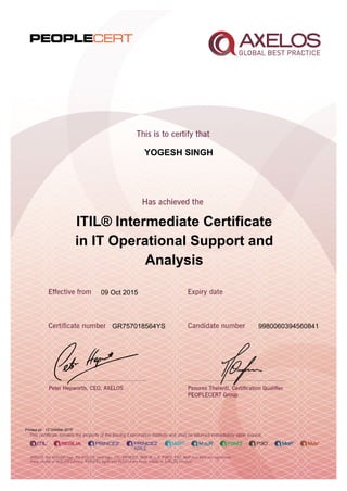 YOGESH SINGH
ITIL® Intermediate Certificate
in IT Operational Support and
Analysis
09 Oct 2015
GR757018564YS 9980060394560841
Printed on 12 October 2015
 