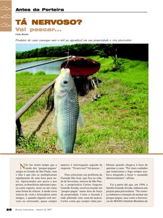Antes da Porteira

NERVOSO?
TÁ NERVOSO?
pescar...
Vai pescar...
Carla Rossini

Produtor de cana consegue unir o útil ao agradável em sua propriedade e vira piscicultor

“Piau” pescado na
fazenda São José

N

ão faz muito tempo que a
moda dos ‘pesque-pagues’
surgiu no Estado de São Paulo, mas
o fato é que eles se multiplicaram
rapidamente de uma hora para outra. Apaixonados por pesca e por
peixes, os brasileiros aderiram à pesca como esporte, lazer ou até como
uma forma de relaxar. A moda virou
música de viola e brincadeira entre
amigos, e quando alguém está nervoso ou estressado, quase sempre
26

Revista Canavieiros - Janeiro de 2007

aparece à interrogação seguida da
resposta: ‘Tá nervoso? Vai pescar...’
Para solucionar um problema da
Fazenda São José, que fica na cidade de Severínia, interior de São Paulo, o proprietário Carlos Augusto
Gomide Arruda, resolveu montar um
‘pesque-pague’ numa área de brejo
da propriedade. Como a fazenda é
toda plantada com cana-de-açúcar,
Carlos conta que sempre tinha pro-

blemas quando chegava à hora de
queimar a cana. “Por mais cuidados
que tomávamos o fogo sempre acabava atingindo o brejo e causando
aborrecimentos”, afirma.
Foi a partir daí que, em 1994, a
família Gomide Arruda, elaborou um
projeto para piscicultura. “No começo tínhamos a intenção de montar um
pesque-pague, mas como a burocracia do IBAMA (Instituto Brasileiro do

 