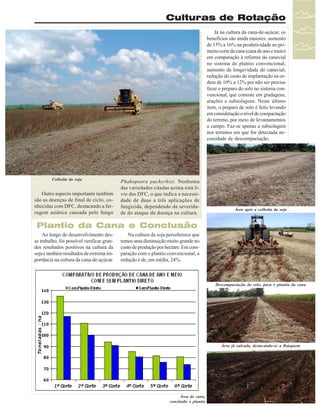 Culturas de Rotação
Já na cultura da cana-de-açúcar, os
benefícios são ainda maiores: aumento
de 15% a 16% na produtividade no primeiro corte da cana (cana de ano e meio)
em comparação à reforma do canavial
no sistema do plantio convencional;
aumento da longevidade do canavial;
redução do custo de implantação na ordem de 10% a 12% por não ser preciso
fazer o preparo do solo no sistema convencional, que consiste em gradagens,
arações e subsolagens. Neste último
item, o preparo de solo é feito levando
em consideração o nível de compactação
do terreno, por meio de levantamentos
a campo. Faz-se apenas a subsolagem
nos terrenos em que for detectada necessidade de descompactação.

Colheita da soja

Outro aspecto importante também
são as doenças de final de ciclo, conhecidas com DFC, destacando a ferrugem asiática causada pelo fungo

Phakopsora pachyrhizi. Nenhuma
das variedades citadas acima está livre das DFC, o que indica a necessidade de duas a três aplicações de
fungicida, dependendo da severidade do ataque da doença na cultura.

Área após a colheita da soja

Plantio da Cana e Conclusão
Ao longo do desenvolvimento desse trabalho, foi possível verificar grandes resultados positivos na cultura da
soja e também resultados de extrema importância na cultura da cana-de-açúcar.

Na cultura da soja percebemos que
temos uma diminuição muito grande no
custo de produção por hectare. Em comparação com o plantio convencional, a
redução é de, em média, 24%.

Descompactação do solo, para o plantio da cana

Área já sulcada, destacando-se a Banqueta

Área de cana,
concluído o plantio

Revista Canavieiros - Março de 2007

33

 