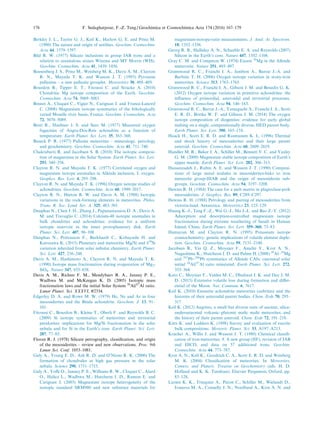 Berkley J. L., Taylor G. J., Keil K., Harlow G. E. and Prinz M.
(1980) The nature and origin of ureilites. Geochim. Cosmochim.
Acta 44, 1579–1597.
Bild R. W. (1977) Silicate inclusions in group IAB irons and a
relation to anomalous stones Winona and MT Morris (WIS).
Geochim. Cosmochim. Acta 41, 1439–1456.
Boesenberg J. S., Prinz M., Weisberg M. K., Davis A. M., Clayton
R. N., Mayeda T. K. and Wasson J. T. (1995) Pyroxene
pallasites – a new pallasite grouplet. Meteoritics 30, 488–489.
Bourdon B., Tipper E. T., Fitoussi C. and Stracke A. (2010)
Chondritic Mg isotope composition of the Earth. Geochim.
Cosmochim. Acta 74, 5069–5083.
Brenot A., Cloquet C., Vigier N., Carignan J. and France-Lanord
C. (2008) Magnesium isotope systematics of the lithologically
varied Moselle river basin, France. Geochim. Cosmochim. Acta
72, 5070–5089.
Brett R., Huebner J. S. and Sato M. (1977) Measured oxygen
fugacities of Angra-Dos-Reis achondrite as a function of
temperature. Earth Planet. Sci. Lett. 35, 363–368.
Buseck P. R. (1977) Pallasite meteorites – mineralogy, petrology
and geochemistry. Geochim. Cosmochim. Acta 41, 711–740.
Chakrabarti R. and Jacobsen S. B. (2010) The isotopic composi-
tion of magnesium in the Solar System. Earth Planet. Sci. Lett.
293, 349–358.
Clayton R. N. and Mayeda T. K. (1977) Correlated oxygen and
magnesium isotope anomalies in Allende inclusion, I: oxygen.
Geophys. Res. Lett. 4, 295–298.
Clayton R. N. and Mayeda T. K. (1996) Oxygen isotope studies of
achondrites. Geochim. Cosmochim. Acta 60, 1999–2017.
Clayton R. N., Hinton R. W. and Davis A. M. (1988) Isotopic
variations in the rock-forming elements in meteorites. Philos.
Trans. R. Soc. Lond. Ser. A. 325, 483–501.
Dauphas N., Chen J. H., Zhang J., Papanastassiou D. A., Davis A.
M. and Travaglio C. (2014) Calcium-48 isotopic anomalies in
bulk chondrites and achondrites: evidence for a uniform
isotopic reservoir in the inner protoplanetary disk. Earth
Planet. Sci. Lett. 407, 96–108.
Dauphas N., Poitrasson F., Burkhardt C., Kobayashi H. and
Kurosawa K. (2015) Planetary and meteoritic Mg/Si and d30
Si
variation inherited from solar nebular chemistry. Earth Planet.
Sci. Lett. 427, 236–248.
Davis A. M., Hashimoto A., Clayton R. N. and Mayeda T. K.
(1990) Isotope mass fractionation during evaporation of Mg2-
SiO4. Nature 347, 655–658.
Davis A. M., Richter F. M., Mendybaev R. A., Janney P. E.,
Wadhwa M. and McKeegan K. D. (2005) Isotopic mass
fractionation laws and the initial Solar System 26
Al/27
Al ratio.
Lunar Planet. Sci. XXXVI, #2334.
Edgerley D. A. and Rowe M. W. (1979) He, Ne and Ar in four
mesosiderites and the Binda achondrite. Geochem. J. 13, 91–
101.
Fitoussi C., Bourdon B., Kleine T., Oberli F. and Reynolds B. C.
(2009) Si isotope systematics of meteorites and terrestrial
peridotites: implications for Mg/Si fractionation in the solar
nebula and for Si in the Earth’s core. Earth Planet. Sci. Lett.
287, 77–85.
Floran R. J. (1978) Silicate petrography, classiﬁcation, and origin
of the mesosiderites – review and new observations. Proc. 9th
Lunar Sci. Conf. 1053–1081.
Galy A., Young E. D., Ash R. D. and O’Nions R. K. (2000) The
formation of chondrules at high gas pressure in the solar
nebula. Science 290, 1751–1753.
Galy A., Yoﬀe O., Janney P. E., Williams R. W., Cloquet C., Alard
O., Halicz L., Wadhwa M., Hutcheon I. D., Ramon E. and
Carignan J. (2003) Magnesium isotope heterogeneity of the
isotopic standard SRM980 and new reference materials for
magnesium-isotope-ratio measurements. J. Anal. At. Spectrom.
18, 1352–1356.
Georg R. B., Halliday A. N., Schauble E. A. and Reynolds (2007)
Silicon in the Earth’s core. Nature 447, 1102–1106.
Gray C. M. and Compston W. (1974) Excess 26
Mg in the Allende
meterorite. Nature 251, 495–497.
Greenwood R. C., Franchi I. A., Jambon A., Barrat J.-A. and
Burbine T. H. (2006) Oxygen isotope variation in stony-iron
meteorites. Science 313, 1763–1765.
Greenwood R. C., Franchi I. A., Gibson J. M. and Benedix G. K.
(2012) Oxygen isotope variation in primitive achondrites: the
inﬂuence of primordial, asteroidal and terrestrial processes.
Geochim. Cosmochim. Acta 94, 146–163.
Greenwood R. C., Barrat J.-A., Yamaguchi A., Franchi I. A., Scott
E. R. D., Bottke W. F. and Gibson J. M. (2014) The oxygen
isotope composition of diogenites: evidence for early global
melting on a single, compositionally diverse, HED parent body.
Earth Planet. Sci. Lett. 390, 165–174.
Haack H., Scott E. R. D. and Rasmussen K. L. (1996) Thermal
and shock history of mesosiderites and their large parent
asteroid. Geochim. Cosmochim. Acta 60, 2609–2619.
Handler M. R., Baker J. A., Schiller M., Bennett V. C. and Yaxley
G. M. (2009) Magnesium stable isotope composition of Earth’s
upper mantle. Earth Planet. Sci. Lett. 282, 306–313.
Hassanzadeh J., Rubin A. E. and Wasson J. T. (1990) Composi-
tions of large metal nodules in mesosiderites-links to iron
meteorite group-IIIAB and the origin of mesosiderite sub-
groups. Geochim. Cosmochim. Acta 54, 3197–3208.
Hewins R. H. (1984) The case for a melt matrix in plagioclase-poik
mesosiderites. J. Geophys. Res. 89, C289–C297.
Hewins R. H. (1988) Petrology and pairing of mesosiderites from
victoria-land, Antarctica. Meteoritics 23, 123–129.
Huang K.-J., Teng F.-Z., Wei G.-J., Ma J.-L. and Bao Z.-Y. (2012)
Adsorption and desorption-controlled magnesium isotope
fractionation during extreme weathering of basalt in Hainan
Island, China. Earth Planet. Sci. Lett. 359–360, 73–83.
Humayun M. and Clayton R. N. (1995) Potassium isotope
cosmochemistry: genetic implications of volatile element deple-
tion. Geochim. Cosmochim. Acta 59, 2131–2148.
Jacobsen B., Yin Q. Z., Moynier F., Amelin Y., Krot A. N.,
Nagashima K., Hutcheon I. D. and Palme H. (2008) 26
Al–26
Mg
and 207
Pb–206
Pb systematics of Allende CAIs: canonical solar
initial 26
Al/27
Al ratio reinstated. Earth Planet. Sci. Lett. 272,
353–364.
Kato C., Moynier F., Valdes M. C., Dhaliwal J. K. and Day J. M.
D. (2015) Extensive volatile loss during formation and diﬀer-
ential of the Moon. Nat. Commun. 6, 7617.
Keil K. (2010) Enstatite achondrite meteorites (aubrites) and the
histories of their asteroidal parent bodies. Chem. Erde 70, 295–
317.
Keil K. (2012) Angrites, a small but diverse suite of ancient, silica-
undersaturated volcanic–plutonic maﬁc maﬁc meteorites, and
the history of their parent asteroid. Chem. Erde 72, 191–218.
Kitts K. and Lodders K. (1998) Survey and evaluation of eucrite
bulk compositions. Meteorit. Planet. Sci. 33, A197–A213.
Kracher A., Willis J. and Wasson J. T. (1980) Chemical classiﬁ-
cation of iron-meteorites. 9. A new group (IIF), revision of IAB
and IIICD, and data on 57 additional irons. Geochim.
Cosmochim. Acta 44, 773–787.
Krot A. N., Keil K., Goodrich C. A., Scott E. R. D. and Weisberg
M. K. (2004) Classiﬁcation of meteorites. In Meteorites,
Comets, and Planets. Treatise on Geochemistry (eds. H. D.
Holland and K. K. Turekian). Elsevier Pergamon, Oxford, pp.
83–128.
Larsen K. K., Trinquier A., Paton C., Schiller M., Wielandt D.,
Ivanova M. A., Connelly J. N., Nordlund A., Krot A. N. and
176 F. Sedaghatpour, F.-Z. Teng / Geochimica et Cosmochimica Acta 174 (2016) 167–179
 