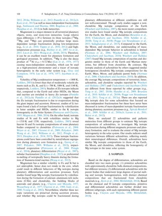 2012, 2014a; Williams et al., 2012; Paniello et al., 2012a,b;
Kato et al., 2015) as well as mass-independent fractionation
(e.g., Andreason and Sharma, 2006; Regelous et al., 2008;
Dauphas et al., 2014) in bulk meteorites.
Magnesium is a major element in all terrestrial planetary
objects, stony, and stony-iron meteorites. Large relative
mass diﬀerences ($8%) between its three isotopes (24
Mg,
25
Mg, and 26
Mg) can potentially produce large mass-
dependent isotope fractionation during low-temperature
(e.g., Li et al., 2010; Tipper et al., 2010, 2012) and high-
temperature processes (e.g., Richter et al., 2007; Li et al.,
2011; Liu et al., 2011; Wang et al., 2014b, 2015). Therefore,
it can be an excellent tracer for planetary formation and
geological processes. In addition, 26
Mg is also the decay
product of 26
Al (t1/2 = 0.72 Ma) (Lee et al., 1976, 1977)
causing mass-independent anomalies, which can be used
as a high-precision chronometer and a tracer of isotopic
heterogeneity in the early solar system (e.g., Gray and
Compston, 1974; Lee et al., 1976, 1977; Jacobsen et al.,
2008).
Volatility of Mg (condensation temperature = $1400 K,
Lodders, 2003) is lower than that of moderately volatile ele-
ments such as Zn, K, and Li ($700 K, 1006 K, and 1140 K,
respectively, Lodders, 2003). Studies of Zn isotopes indicate
that, compared to the Earth and other HEDs, the Moon
and eucrites are enriched in heavy Zn isotopes (Paniello
et al., 2012a,b). Paniello et al. (2012a,b) suggested that
the Zn isotopic fractionation is due to evaporation during
the giant impact and accretion. However, studies of Li iso-
topes found a lack of isotope fractionation by volatilization
in lunar samples and HEDs, similar to the K isotopic
homogeneity in the Solar System (Humayun and Clayton,
1995; Magna et al., 2006, 2014). On the other hand, isotopic
studies of Si and Fe with volatilities similar to Mg
($1310 K and 1330, respectively, Lodders, 2003) reveal
heavier Si and Fe isotopic compositions of some planetary
bodies compared to chondrites (Poitrasson et al., 2004;
Weyer et al., 2007; Fitoussi et al., 2009; Polyakov, 2009;
Wang et al., 2012; Williams et al., 2012; Pringle et al.,
2013; Dauphas et al., 2014, 2015). These isotopic fraction-
ations could have been controlled by metal/silicate segrega-
tion during planetary core formation (e.g., Georg et al.,
2007; Polyakov, 2009; Williams et al., 2012), impact-
induced evaporation (Poitrasson et al., 2004; Pringle
et al., 2014), planetary diﬀerentiation (Weyer et al., 2007),
nebular fractionation (Dauphas et al., 2015) or preferential
re-melting of isotopically heavy ilmenite during the forma-
tion of Stannern-trend eucrites (Wang et al., 2012).
Magnesium has a similar volatility to Fe and Si but is
not siderophile, hence does not reside in the core, which
could result in diﬀerent behaviors of Mg isotopes during
planetary diﬀerentiation and accretion processes. Early
studies found large Mg isotopic fractionation by volatiliza-
tion during the formation of calcium–aluminum-rich inclu-
sions (CAIs) and chondrules, the building blocks of
asteroids and planets (e.g., Clayton and Mayeda, 1977;
Wasserburg et al., 1977; Clayton et al., 1988; Galy et al.,
2000; Young et al., 2002). Nevertheless; whether these iso-
topic variations are preserved during accretion process,
and whether Mg isotopes could be fractionated during
planetary diﬀerentiation at diﬀerent conditions are still
not well-constrained. Though early studies suggest a non-
chondritic Mg isotopic composition of the Earth
(Wiechert and Halliday, 2007), the more recent comprehen-
sive studies have found similar Mg isotopic compositions
for the Earth, the Moon, and chondrites (Bourdon et al.,
2010; Chakrabarti and Jacobsen, 2010; Schiller et al.,
2010b; Teng et al., 2010b; Pogge von Strandmann et al.,
2011; Sedaghatpour et al., 2013). Compared to the Earth,
the Moon, and chondrites, our understanding of mass-
dependent Mg isotopic behavior in achondrites is limited
(Norman et al., 2006; Wiechert and Halliday, 2007;
Chakrabarti and Jacobsen, 2010). Wiechert and Halliday
(2007) found Mg isotopic composition of eucrites and dio-
genites similar to those of the Earth and Martian mete-
orites, but diﬀerent from chondrites. By contrast, Mg
isotopic analysis of achondrites by others suggested similar
homogenous chondritic Mg isotopic compositions for the
Earth, Mars, Moon, and pallasite parent body (Norman
et al., 2006; Chakrabarti and Jacobsen, 2010). In addition,
the average Mg isotopic compositions of terrestrial, lunar,
achondrite, and chondrite samples reported by Wiechert
and Halliday (2007) and Chakrabarti and Jacobsen (2010)
are diﬀerent from those reported by other groups (e.g.,
Teng et al., 2007, 2010b; Handler et al., 2009; Bourdon
et al., 2010; Schiller et al., 2010b; Pogge von Strandmann
et al., 2011; Teng et al., 2015a). There are also reported
Mg isotopic data for some achondrites that focused on
mass-independent fractionation but these have never been
discussed in terms of mass-dependent isotopic fractionation
during planetary accretion processes (e.g., Spivak-Birndorf
et al., 2009; Schiller et al., 2010a,b; Larsen et al., 2011;
Baker et al., 2012).
Here, we analyzed 22 achondrites and pallasite
meteorites from diﬀerent groups to estimate Mg isotopic
composition of achondrites, to investigate Mg isotope
fractionation during diﬀerent magmatic processes and plan-
etary formation, and to evaluate the extent of Mg isotopic
heterogeneity in the solar system. Our results indicate small
variations between diﬀerent achondrites, reﬂecting mainly
their mineralogical diﬀerences. Overall, achondrites have
similar Mg isotopic compositions to those of the Earth,
the Moon, and chondrites, reﬂecting the homogeneity of
Mg isotopes in the inner solar system.
2. SAMPLES
Based on the degree of diﬀerentiation, achondrites are
classiﬁed into two main groups: (1) primitive achondrites
with approximately chondritic bulk chemical compositions,
but diﬀerent textures; (2) diﬀerentiated achondrites with the
parent bodies that underwent large degrees of partial melt-
ing and isotopic homogenization, with distinct chemical
compositions that are fractionated from chondritic
materials (e.g., Krot et al., 2004; Mittlefehldt, 2014). Based
on the chemical and O isotopic compositions, primitive
and diﬀerentiated achondrites are further divided into
diﬀerent subgroups, with each representing diﬀerent parent
bodies (e.g., Clayton and Mayeda, 1996; Mittlefehldt,
2014).
168 F. Sedaghatpour, F.-Z. Teng / Geochimica et Cosmochimica Acta 174 (2016) 167–179
 