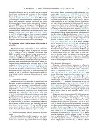 isotope fractionations seen in terrestrial samples produced
by chemical weathering and formation of the secondary
phases (e.g., Brenot et al., 2008; Teng et al., 2010b;
Tipper et al., 2010, 2012; Huang et al., 2012). Mg isotopic
compositions of the meteorites from aubrites (Pen˜a Blanca
Spring and Bishopville), ureilites (Goalpara and Novo-
Urei), mesosiderite silicates (Estherville and Crab Orchard),
winonaite–IAB-iron group (Campo del Cielo, Landes, and
Winona), and pallasites (Mount Vernon and Brahin) also
display no signiﬁcant Mg isotope fractionation within each
individual group, diﬀerent from the one observed for other
isotopes (Wiechert et al., 2004; Wang et al., 2012; Paniello
et al., 2012b). Since only two or three meteorites from each
group were analyzed for Mg isotopes, more studies need to
be done to investigate Mg isotope fractionation during
magmatic diﬀerentiation of achondrite parent bodies.
5.2. Magnesium isotopic variation among diﬀerent groups of
achondrites
Magnesium isotopic compositions of most achondrites
and pallasite meteorites reveal no signiﬁcant variations
(Fig. 3). However, d26
Mg of D0
Orbigny (angrite) and some
HEDs are slightly heavier than the average isotopic compo-
sition of chondrites (À0.28 ± 0.06‰, 2SD; Teng et al.,
2010b) (Fig. 3). Magnesium isotopic compositions of diﬀer-
ent achondrites reported in some geochronological articles
also show some variations between achondrites but the dis-
cussion of these variations were not in the scope of these
studies (e.g., Spivak-birndorf et al., 2009; Schiller et al.,
2010a; Larsen et al., 2011; Baker et al., 2012). Compared
to the Earth, chondrites, and the other achondrites, slightly
heavier Mg isotopic composition in these meteorites could
possibly be due to weathering, volatilization during accre-
tion process, and/or magmatic diﬀerentiation of parent
bodies.
5.2.1. Terrestrial weathering
The meteorite ﬁnds that have been on the surface of the
Earth for several to thousands of years can be subjected to
weathering at low temperature with metal and crystalline
silicates being the least and the most resistant minerals,
respectively (e.g., Weiss et al., 2010). Previous studies reveal
Mg isotope fractionation of terrestrial rocks during surface
weathering (e.g., Shen et al., 2009; Li et al., 2010; Teng
et al., 2010b). Therefore, Mg isotopes in the meteorite ﬁnds
could be fractionated under severe terrestrial weathering.
Nevertheless, our result indicates that the enrichment of
heavy Mg isotopes by terrestrial weathering in achondrites
is unlikely because all meteorites from winonaite–IAB-iron
silicate group including Winona are ﬁnds and weathered
(e.g., Mason and Jarosewich, 1967) but have Mg isotopic
compositions similar to those of achondrite falls (this
study), the Earth, and chondrites (Teng et al., 2010a).
5.2.2. Volatilization during planetary accretion or meteorite
impact
Experimental and theoretical investigations, and studies
of calcium–aluminum-rich inclusions (CAIs) and chon-
drules reveal signiﬁcant Mg isotopic fractionations at high
temperatures during condensation and evaporation pro-
cesses (e.g., Clayton et al., 1988; Davis et al., 1990;
Richter et al., 2002, 2007; Young et al., 2002). Hence, the
evaporation loss of lighter Mg isotopes during accretion
processes or impact events may cause the heavier Mg iso-
topic composition of the D0
Orbigny. However, comprehen-
sive study of lunar samples has revealed similar Mg isotopic
compositions for the Moon, Earth, and chondrites, which
suggests no Mg isotopic fractionation induced by evapora-
tion during the Moon-forming giant impact (Sedaghatpour
et al., 2013). Nonetheless, impact-induced evaporation has
been suggested for the heavier Zn isotopic composition of
the Moon than the Earth and chondrites (Paniello et al.,
2012a; Kato et al., 2015). In addition, volatilization induced
by impacts are recorded in Zn isotope composition of
enstatite chondrites, ureilites, and HEDs (Moynier et al.,
2010, 2011; Paniello et al., 2012b), in Si isotope composi-
tion of angrites (Pringle et al., 2014), and probably in Fe
isotope composition of angrites (Wang et al., 2012).
Although Mg isotopes are not fractionated during the
Moon-forming giant impact, the possibility of Mg isotope
fractionation by volatilization during the accretion process
of smaller parent bodies like APB cannot be ruled out.
More systematic studies for samples from these groups
are needed to further investigate whether or not the slightly
heavier Mg isotopic compositions of these meteorites result
from the accretion process of their parent bodies.
5.2.3. Magmatic diﬀerentiation
Magmatic evolution of parent bodies can be reﬂected in
isotopic compositions of meteorites. Iron isotopic studies of
achondrites indicate a chondritic Fe isotope composition
for HED achondrites (Zhu et al., 2001; Poitrasson et al.,
2004, 2005; Weyer et al., 2005; Wang et al., 2012), and
heavier Fe isotopic composition for ureilites (Barrat et al.,
2015) and angrites (Wang et al., 2012). The non-
chondritic Fe and Si isotopic compositions of angrites
reﬂect isotopic fractionation by either volatilization during
accretion (see 5.1.2.), magmatic diﬀerentiation in APB, or
nebular fractionation (Wang et al., 2012; Pringle et al.,
2014; Dauphas et al., 2015). The slightly heavy Fe isotopic
composition of ureilites relative to chondrites, together with
S depletion in these meteorites, also suggests segregation of
S-rich metallic melts in small terrestrial bodies (Barrat
et al., 2015).
Magnesium isotopic composition of D0
Orbigny (angrite)
is slightly heavier than chondrites and is $0.1‰ heavier
than those of achondrites with the lightest Mg isotopic
composition (Fig. 3). Although this variation is small,
barely beyond our analytical uncertainty, it may be an indi-
cator of isotope fractionation during magmatic diﬀerentia-
tion. Petrological and mineralogical studies of angrites ﬁnd
abundant clinopyroxene (Cpx) in these meteorites (e.g.,
Boesenberg et al., 1995; Mittlefehldt et al., 2002). By con-
trast, olivine (Ol) and orthopyroxene (Opx) have high
abundances in aubrites (e.g., Mittlefehldt, 2014). These
mineral abundances are also reﬂected on CaO vs. MgO
plots for achondrites (Fig. 1). D0
Orbigny is plotted in the
area with higher CaO content, which reﬂects more abun-
dances of Cpx in these meteorites (Fig. 1), whereas aubrites
F. Sedaghatpour, F.-Z. Teng / Geochimica et Cosmochimica Acta 174 (2016) 167–179 173
 
