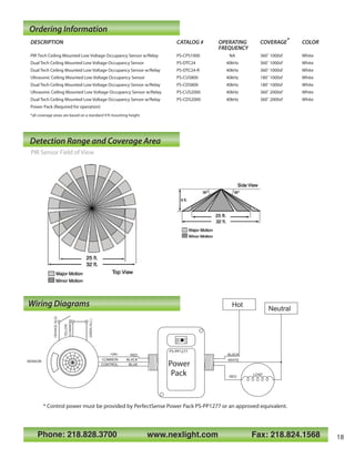 Wiring Diagrams
DESCRIPTION CATALOG # OPERATING COVERAGE* COLOR
FREQUENCY
PIR Tech Ceiling Mounted Low Voltage Occupancy Sensor w/Relay PS-CPS1000 NA 360˚ 1000sf White
Dual Tech Ceiling Mounted Low Voltage Occupancy Sensor PS-DTC24 40kHz 360˚ 1000sf White
Dual Tech Ceiling Mounted Low Voltage Occupancy Sensor w/Relay PS-DTC24-R 40kHz 360˚ 1000sf White
Ultrasonic Ceiling Mounted Low Voltage Occupancy Sensor PS-CUS800 40kHz 180˚ 1000sf White
Dual Tech Ceiling Mounted Low Voltage Occupancy Sensor w/Relay PS-CDS800 40kHz 180˚ 1000sf White
Ultrasonic Ceiling Mounted Low Voltage Occupancy Sensor w/Relay PS-CUS2000 40kHz 360˚ 2000sf White
Dual Tech Ceiling Mounted Low Voltage Occupancy Sensor w/Relay PS-CDS2000 40kHz 360˚ 2000sf White
Power Pack (Required for operation)
*all coverage areas are based on a standard 9 ft mounting height
PIR Sensor Field of View
Detection Range and Coverage Area
Ordering Information
Neutral
Hot
RED
BLACK
BLUE
BLACK
WHITE
RED
SENSOR
LOAD
+24v
COMMON
CONTROL Power
Pack
PS-PP1277
120V
277V
* Control power must be provided by PerfectSense Power Pack PS-PP1277 or an approved equivalent.
Phone: 218.828.3700 www.nexlight.com Fax: 218.824.1568
GREEN(N.C.)
YELLOW
(COMMON)
ORANGE(N.O)
18
 