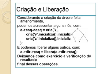 Criação e Liberação
Considerando a criação da árvore feita
  anteriormente,
podemos acrescentar alguns nós, com:
  a->esq->esq = cria('x',
      cria('y',inicializa(),inicializa()),
      cria('z',inicializa(),inicializa())
  );
E podemos liberar alguns outros, com:
  a->dir->esq = libera(a->dir->esq);
Deixamos como exercício a verificação do
  resultado
final dessas operações.
 