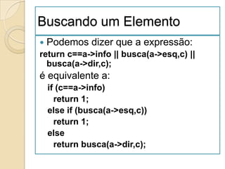 Buscando um Elemento
   Podemos dizer que a expressão:
return c==a->info || busca(a->esq,c) ||
  busca(a->dir,c);
é equivalente a:
    if (c==a->info)
      return 1;
    else if (busca(a->esq,c))
      return 1;
    else
      return busca(a->dir,c);
 