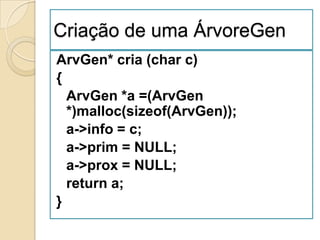 Criação de uma ÁrvoreGen
ArvGen* cria (char c)
{
  ArvGen *a =(ArvGen
  *)malloc(sizeof(ArvGen));
  a->info = c;
  a->prim = NULL;
  a->prox = NULL;
  return a;
}
 