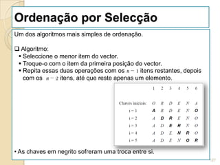 Ordenação por Selecção
Um dos algoritmos mais simples de ordenação.

 Algoritmo:
  Seleccione o menor item do vector.
  Troque-o com o item da primeira posição do vector.
  Repita essas duas operações com os n − 1 itens restantes, depois
   com os n − 2 itens, até que reste apenas um elemento.




• As chaves em negrito sofreram uma troca entre si.
                                                                      127
 