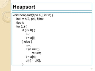 Heapsort
void heapsort(tipo a[], int n) {
  int i = n/2, pai, filho;
  tipo t;
  for (;;) {
        if (i > 0) {
            i--;
            t = a[i];
        } else {
            n--;
            if (n == 0)
                  return;
            t = a[n];
            a[n] = a[0];
        }
                                   161
 