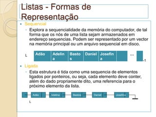 Listas - Formas de
Representação
   Sequencial
    ◦ Explora a sequencialidade da memória do computador, de tal
      forma que os nós de uma lista sejam armazenados em
      endereço sequencias. Podem ser representado por um vector
      na memória principal ou um arquivo sequencial em disco.

    L        Adão    Adelin Basto Daniel Josefin              …
            0       1a     2 s   3       a
                                         4       5                MAX-1
   Ligada
    ◦ Esta estrutura é tida como uma sequencia de elementos
       ligados por ponteiros, ou seja, cada elemento deve conter,
       além do dado propriamente dito, uma referencia para o
       próximo elemento da lista.
            Adão    Adelina   Bastos    Daniel     Josefina

        L
 