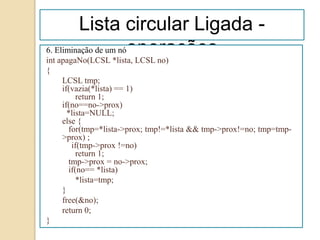 Lista circular Ligada -
6. Eliminação de um nóoperações
int apagaNo(LCSL *lista, LCSL no)
{
    LCSL tmp;
    if(vazia(*lista) == 1)
         return 1;
    if(no==no->prox)
      *lista=NULL;
    else {
      for(tmp=*lista->prox; tmp!=*lista && tmp->prox!=no; tmp=tmp-
    >prox) ;
       if(tmp->prox !=no)
         return 1;
      tmp->prox = no->prox;
      if(no== *lista)
         *lista=tmp;
    }
    free(&no);
    return 0;
}
 