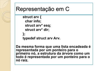 Representação em C
   struct arv {
     char info;
     struct arv* esq;
     struct arv* dir;
   };
   typedef struct arv Arv;

Da mesma forma que uma lista encadeada é
representada por um ponteiro para o
primeiro nó, a estrutura da árvore como um
todo é representada por um ponteiro para o
nó raiz.
 