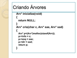 Criando Árvores
 Arv* inicializa(void)
 {
   return NULL;
 }
 Arv* cria(char c, Arv* sae, Arv* sad)
 {
     Arv* p=(Arv*)malloc(sizeof(Arv));
     p->info = c;
     p->esq = sae;
     p->dir = sad;
     return p;
 }
 