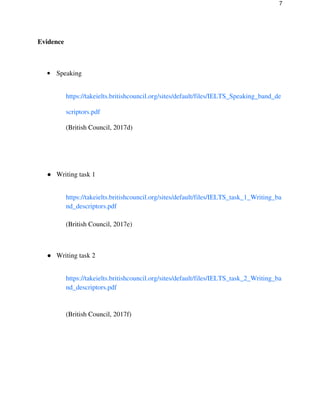 7
Evidence
• Speaking
https://takeielts.britishcouncil.org/sites/default/files/IELTS_Speaking_band_de
scriptors.pdf
(British Council, 2017d)
● Writing task 1
https://takeielts.britishcouncil.org/sites/default/files/IELTS_task_1_Writing_ba
nd_descriptors.pdf
(British Council, 2017e)
● Writing task 2
https://takeielts.britishcouncil.org/sites/default/files/IELTS_task_2_Writing_ba
nd_descriptors.pdf
(British Council, 2017f)
 