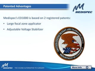 Patented Advantages
Medispec’s ED1000 is based on 2 registered patents:
• Large focal zone applicator
• Adjustable Voltage Stabilizer
 