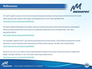 93. Vardi Y, Appel B, Jacob G, et al.Can low-intensity extracorporeal shockwave therapy improve erectile function? A 6-month
follow-up pilot study in patients with organic erectile dysfunction. Eur Urol. 2010 Aug;58(2):243-8.
http://www.ncbi.nlm.nih.gov/pubmed/20451317
94. Vardi Y, Appel B, Kilchevsky A, Gruenwald I. Does low intensity extracorporeal shock wave therapy have a physiological
effect on erectile function? Short-term results of a randomized, double-blind, sham controlled study. J Urol. 2012
May;187(5):1769-75.
http://www.ncbi.nlm.nih.gov/pubmed/22425129
95. Gruenwald I, Appel B, Vardi Y. Low-intensity extracorporeal shock wave therapy--a novel effective treatment for erectile
dysfunction in severe ED patients who respond poorly to PDE5 inhibitor therapy. J Sex Med. 2012 Jan;9(1):259-64.
http://www.ncbi.nlm.nih.gov/pubmed/22008059
96. Qiu X, Lin G, Xin Z, et al. Effects of Low-Energy Shockwave Therapy on the Erectile Function and Tissue of a Diabetic Rat
Model. J Sex Med. 2012 Dec 17. doi: 10.1111/jsm.12024. [Epub ahead of print]
http://www.ncbi.nlm.nih.gov/pubmed/23253086
References
 