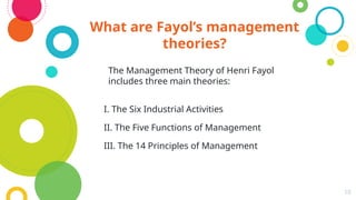 The Management Theory of Henri Fayol
includes three main theories:
I. The Six Industrial Activities
II. The Five Functions of Management
III. The 14 Principles of Management
10
What are Fayol’s management
theories?
 
